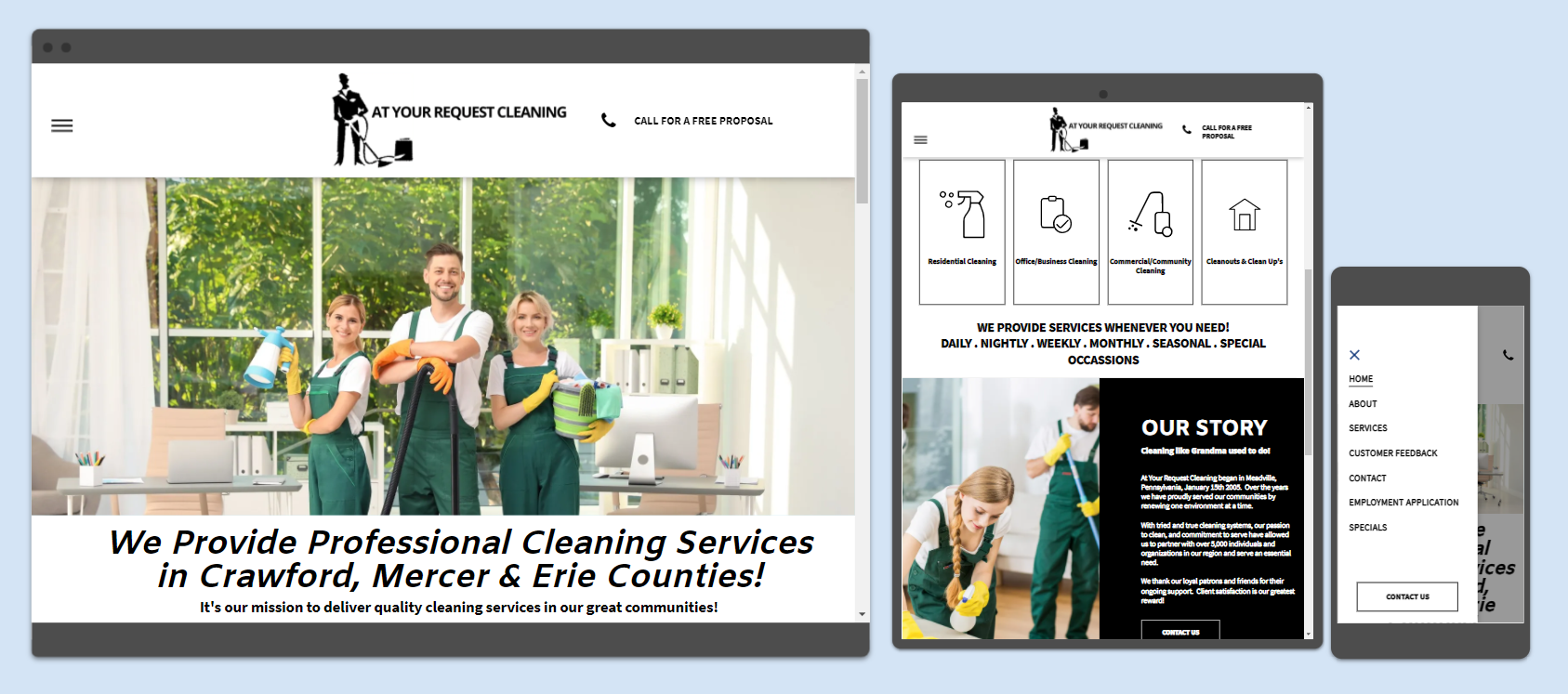 Website design displaying cleaning services on a desktop, tablet, and mobile device.