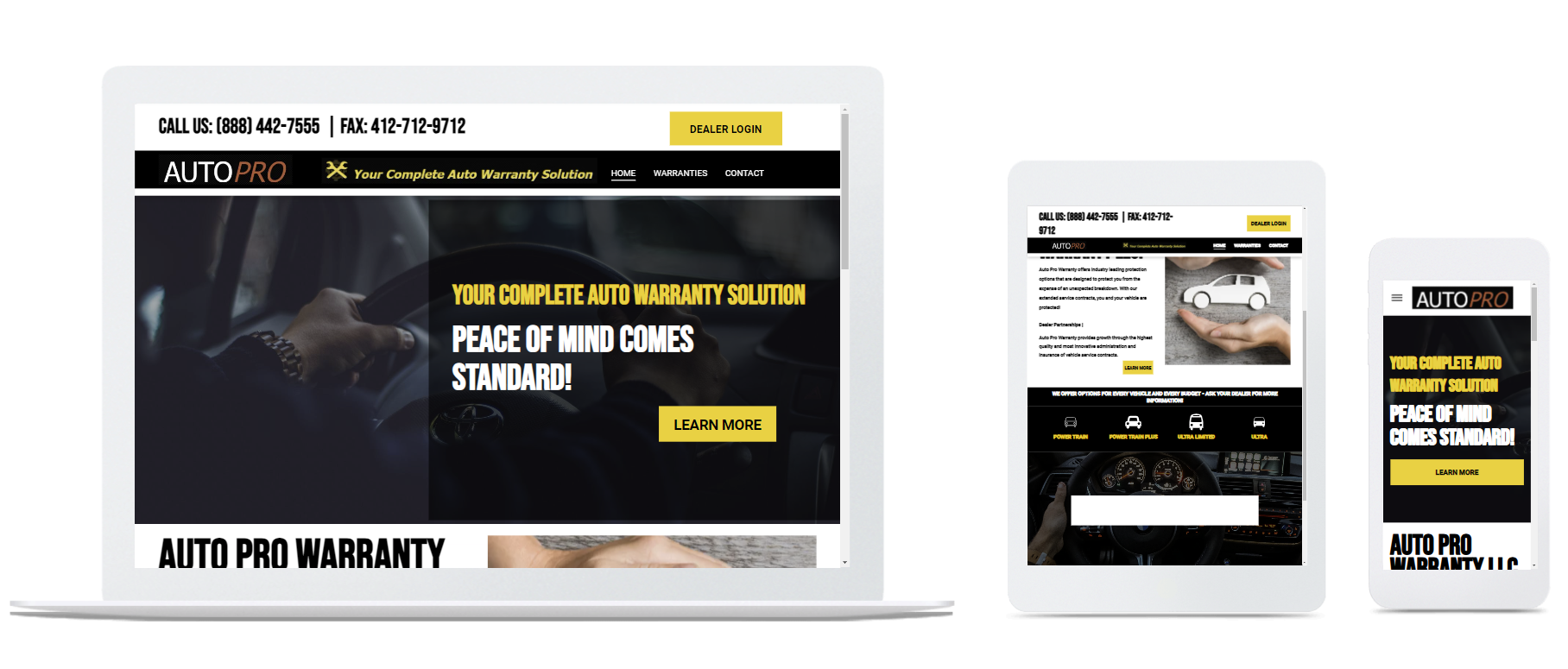 Website design mockups on a laptop, tablet, and smartphone showcasing the Auto Pro Warranty.
