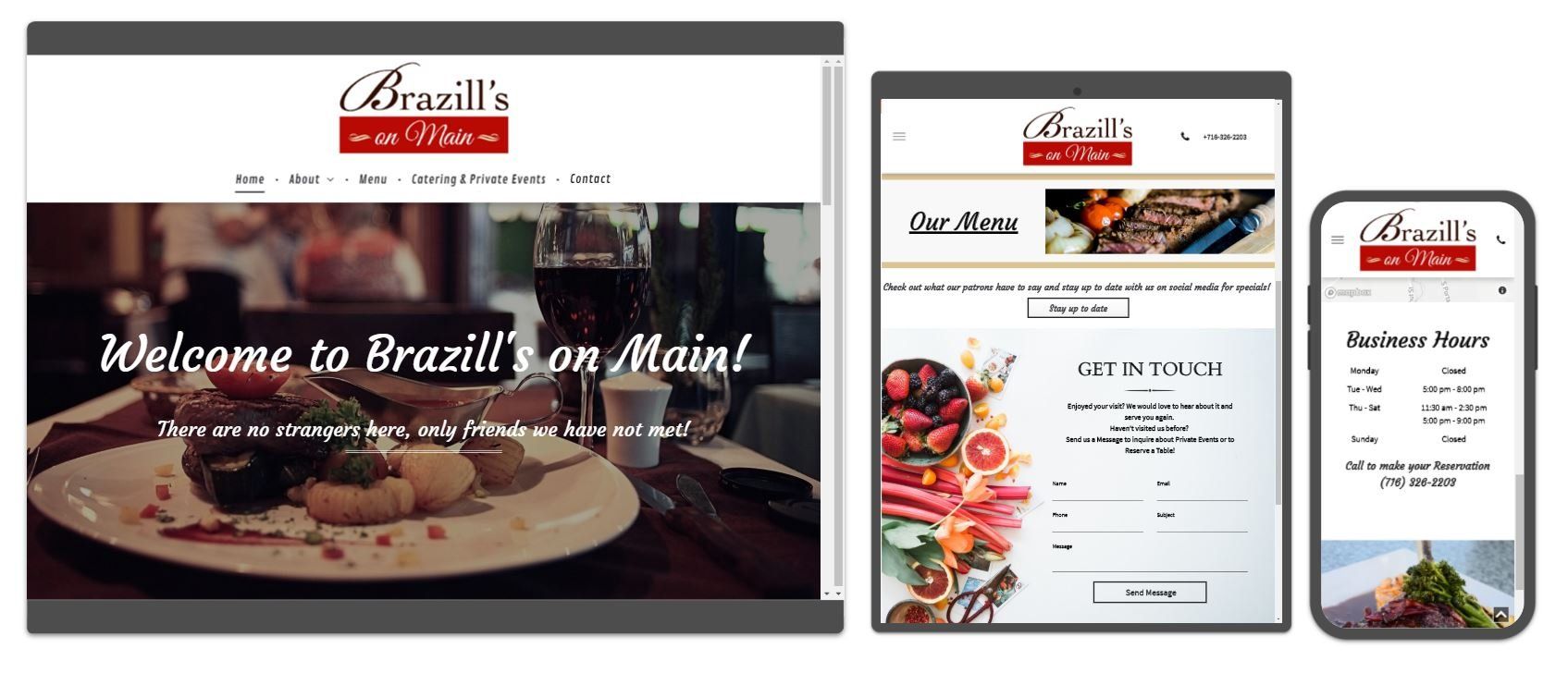 Website mockups for Brazill's On Main restaurant, showing desktop, tablet, and mobile views with food photos.