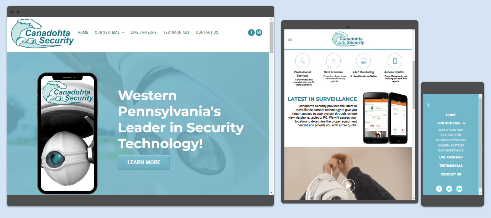Website design for Complete Central Security, showcasing security tech on devices in western Pennsylvania.