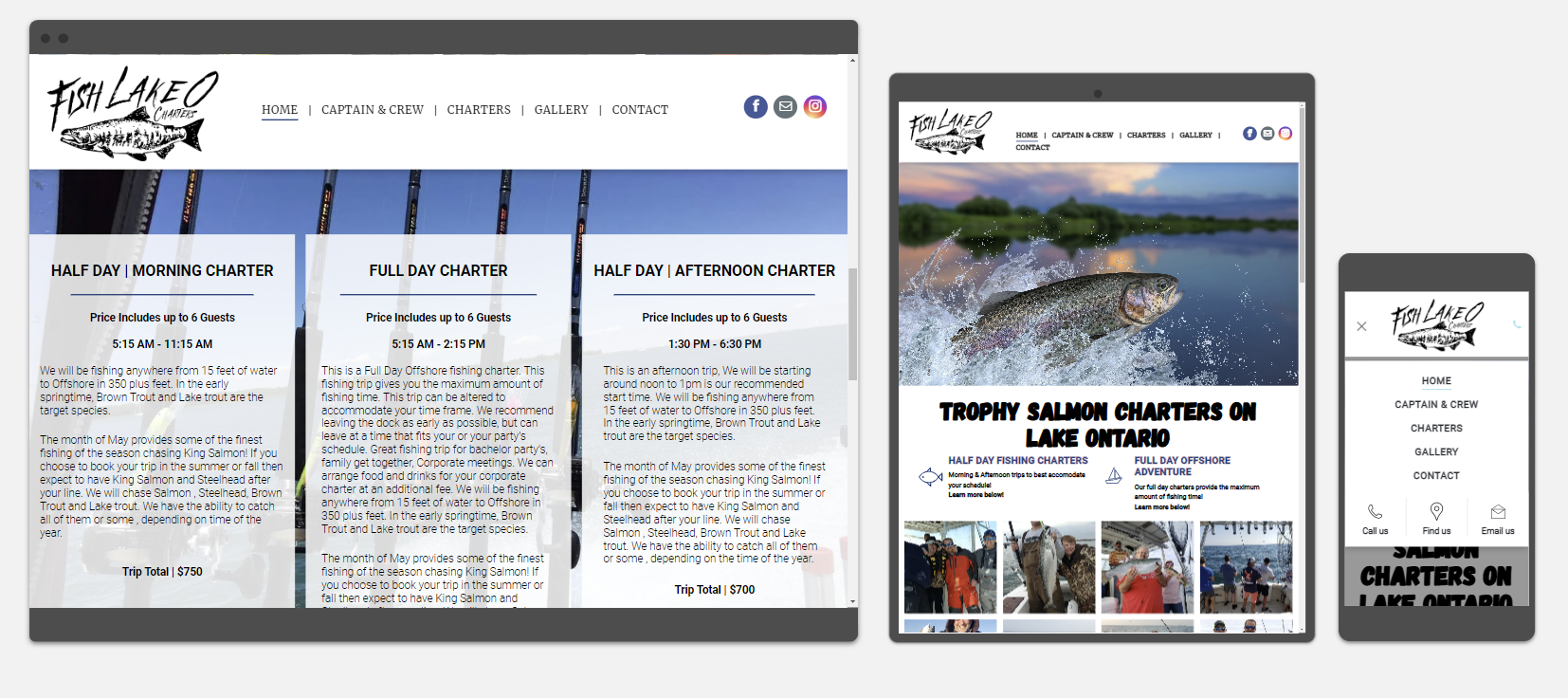 Website design for a fishing charter business: desktop, tablet, and mobile views.