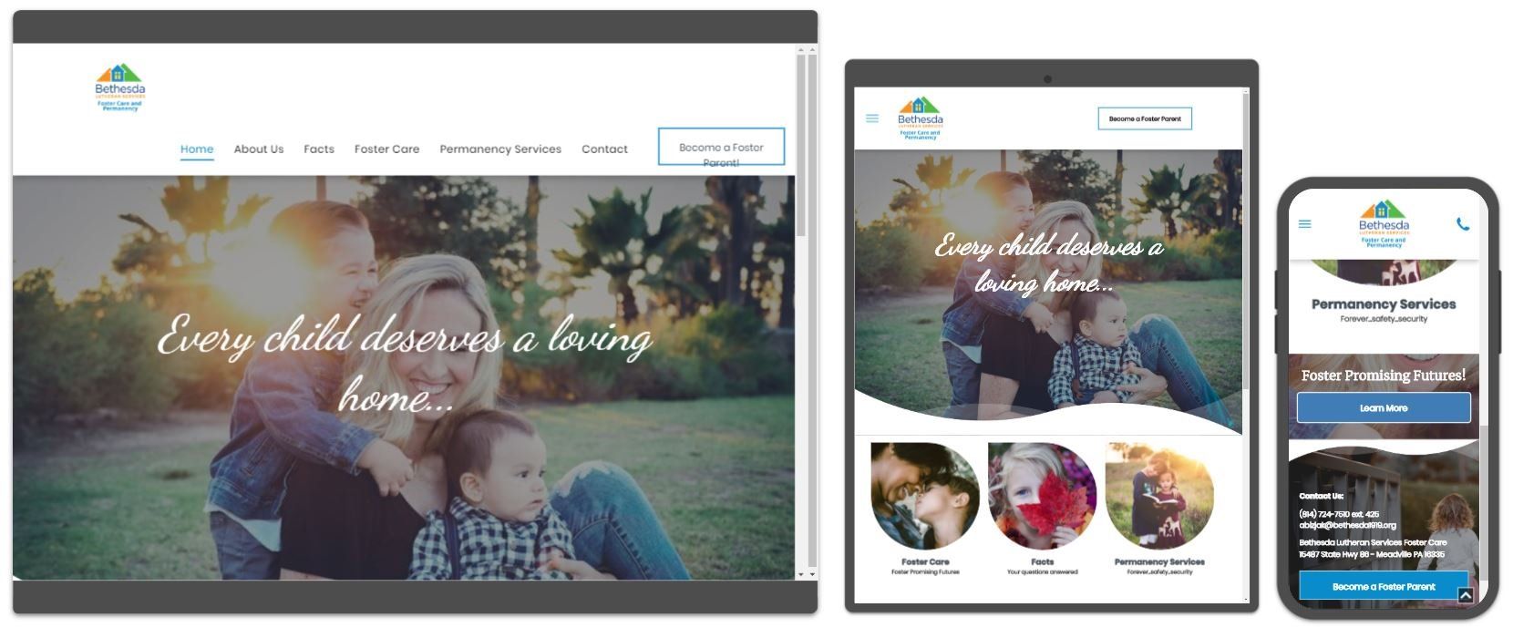 Website design on different devices. A website with a family image and the text 