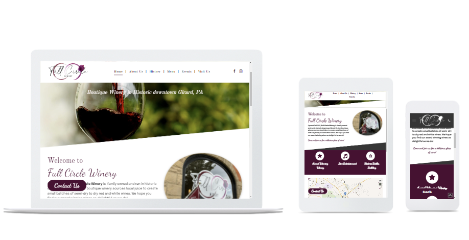 Tall Creek Winery website displayed on laptop, tablet, and smartphone. Website features wine glass and winery logo.