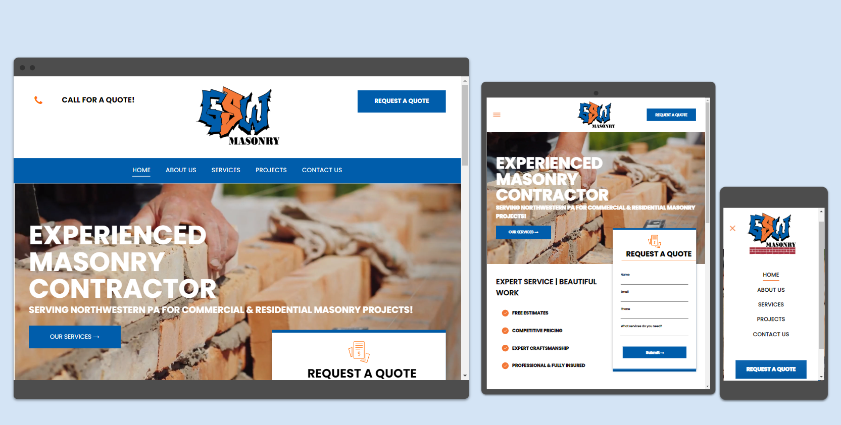 Website design mockups on desktop, tablet, and mobile, showcasing a masonry contractor's services with a blue and white color scheme.