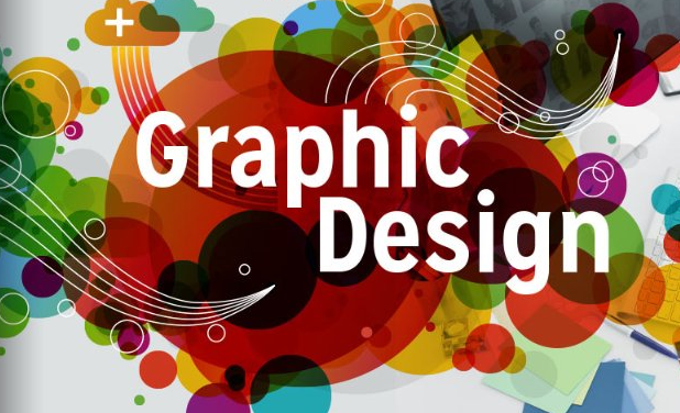 Graphic Design text over a colorful abstract background of circles and swirls.