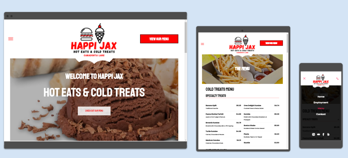 Websites for Happi Jax on a desktop, tablet, and mobile phone.