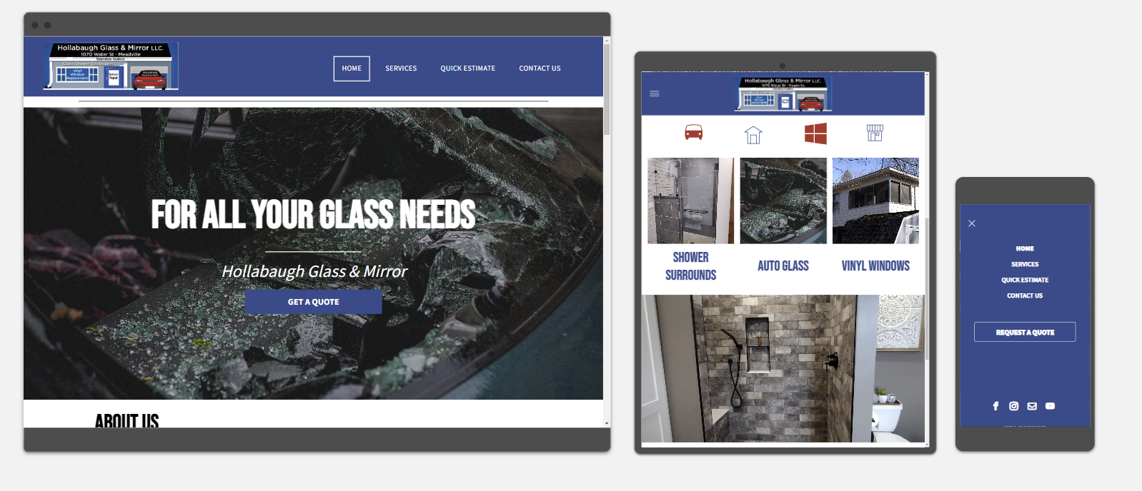 Website design on different devices: desktop, tablet, and phone, displaying a glass repair service.