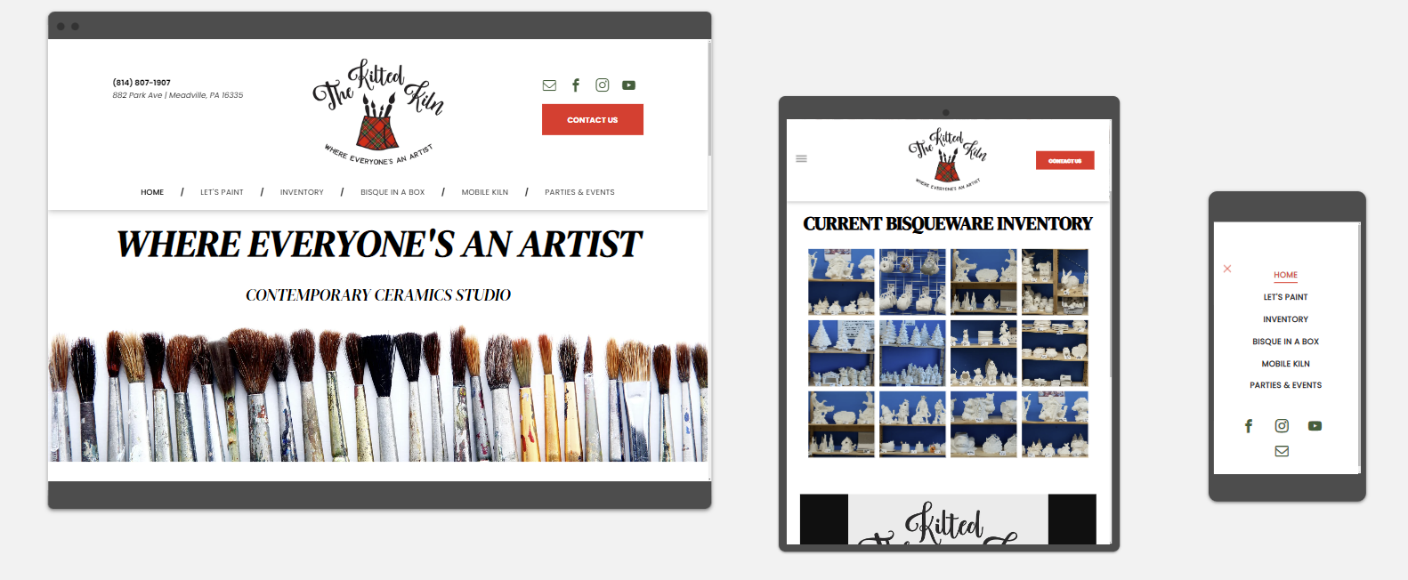 Website viewed on a desktop, tablet, and mobile phone, showcasing the design of an art studio.