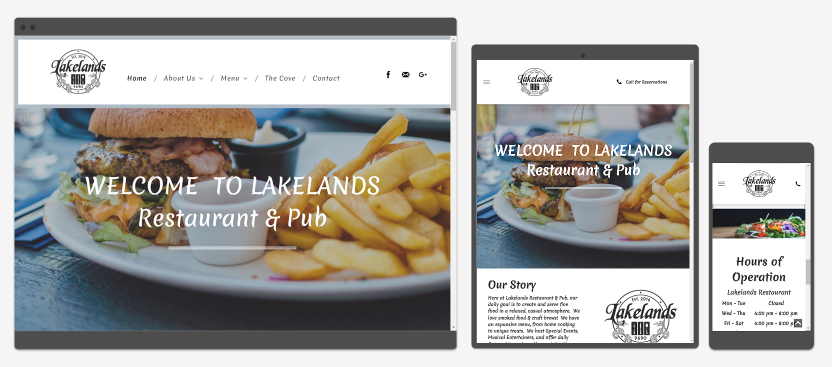 Website design on different devices: restaurant and pub, with burger and fries.