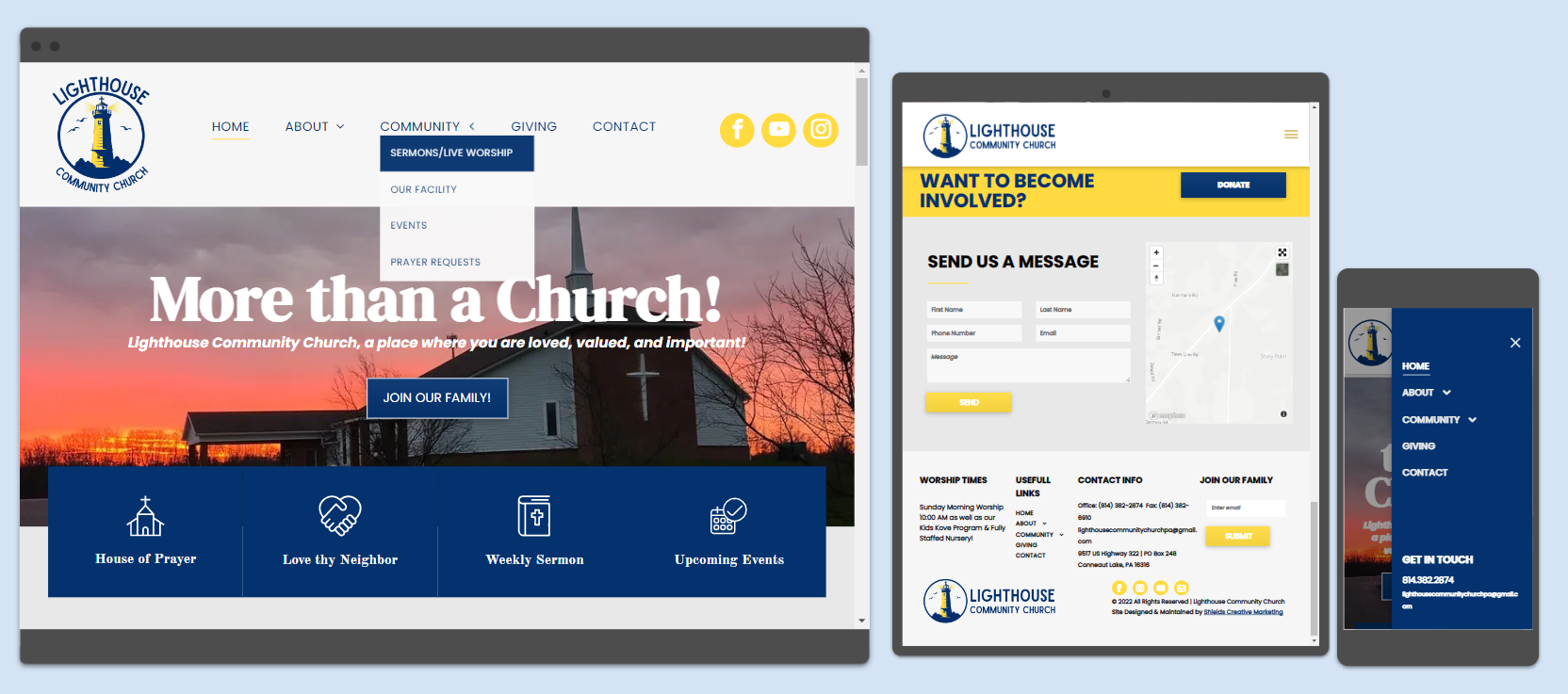 Website design on computer, tablet, and phone screens; a church theme with blue and yellow accents.