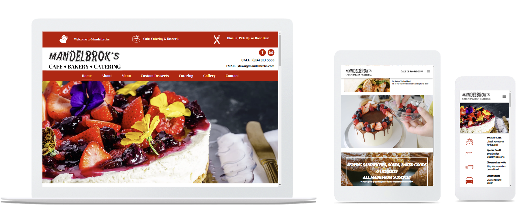 Website displayed on a laptop, tablet, and smartphone showcasing baked goods from ManuelBroka's.