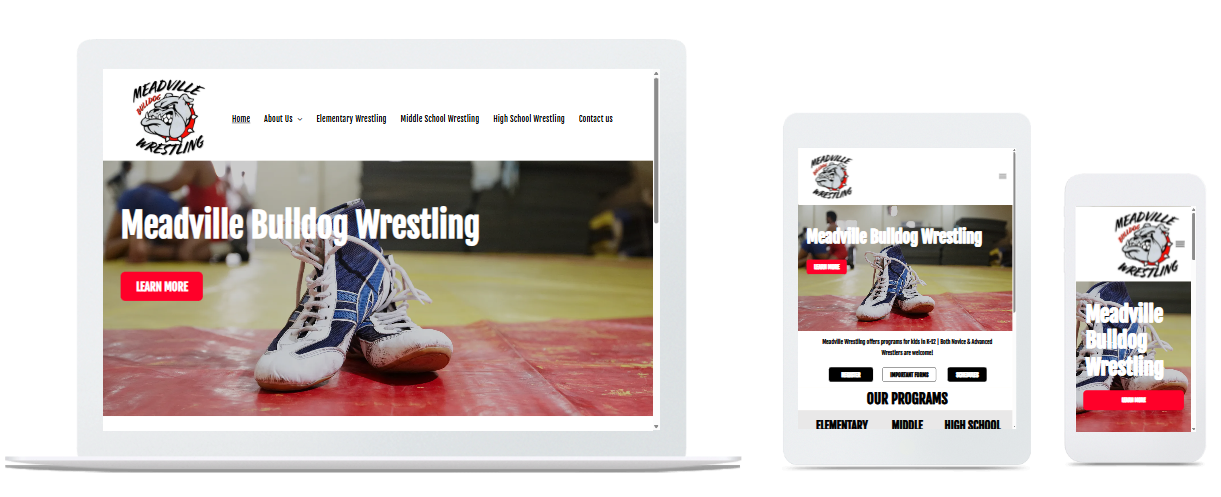 Website mockup for Neatville Bulldog Wrestling displayed on laptop, tablet, and smartphone.