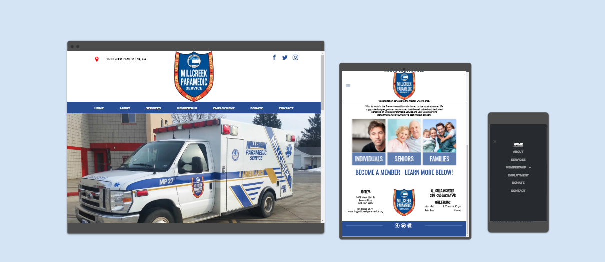 Screenshots of a website on desktop, tablet, and mobile devices displaying an ambulance and information.