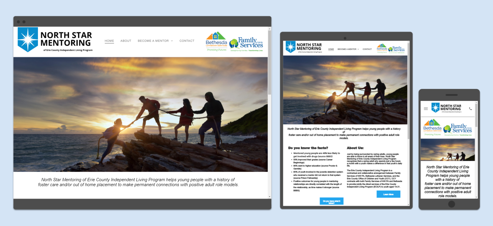 Website showing team helping each other climb a rocky hill; logo is in multiple screen sizes.