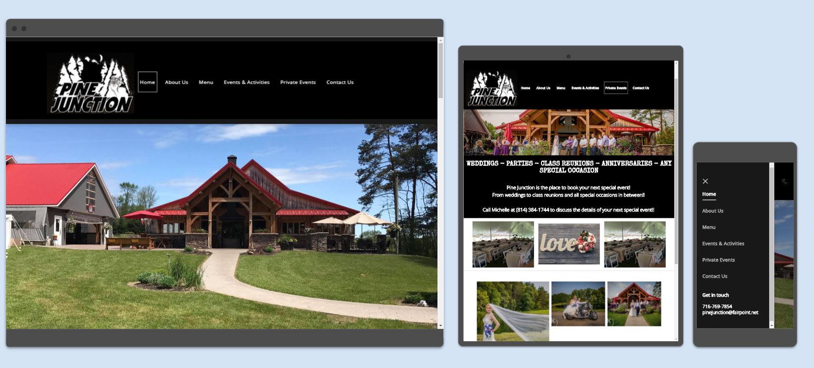 Website displaying on desktop, tablet, and mobile devices, showing a building with a red roof.