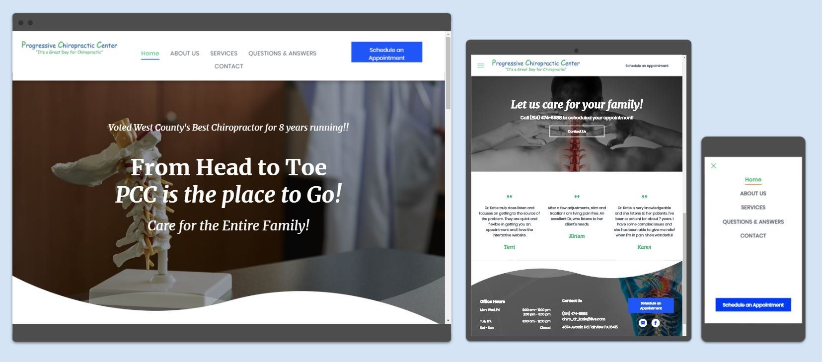 Website layout on multiple devices, showcasing a chiropractic clinic's services; desktop, tablet, and mobile views.