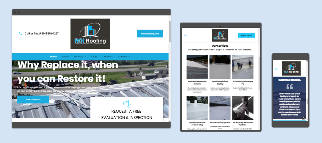 Website design for a roofing company displayed on a desktop, tablet, and phone screen.