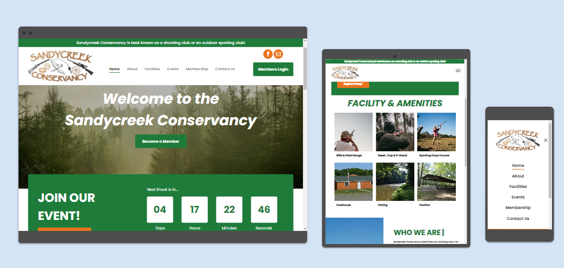 Sandycreek Conservancy website displayed on a desktop, tablet, and smartphone. The website has a green and white color scheme.