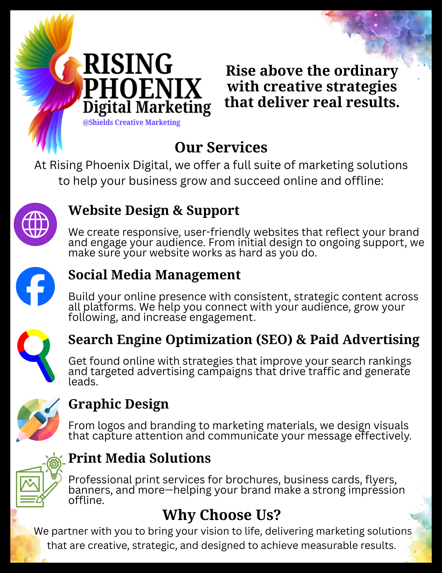 Digital marketing services flyer. Rainbow phoenix logo. Website design, SEO, social media, print media solutions offered.