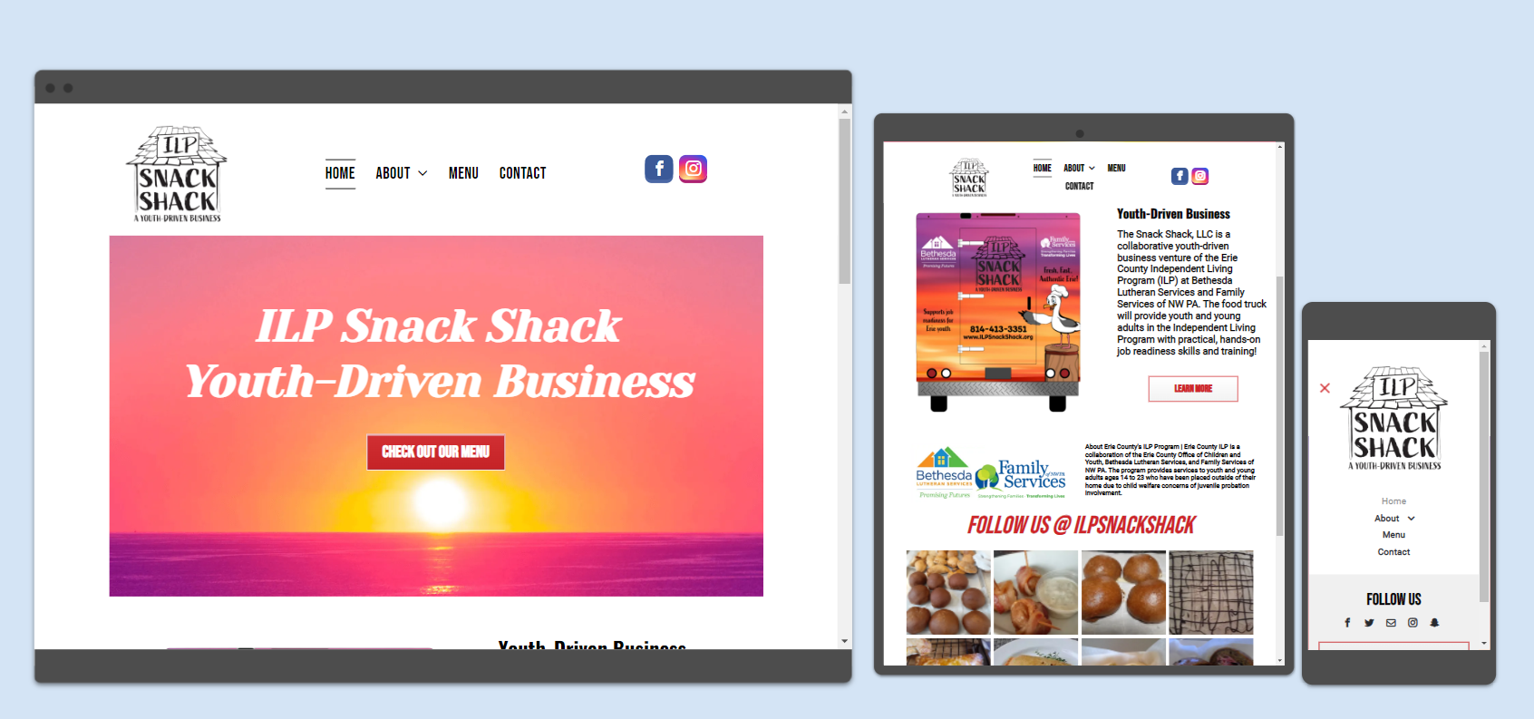 Website displays on a desktop, tablet, and phone; ILP Snack Shack Youth-Driven Business, sunset background, food photos.