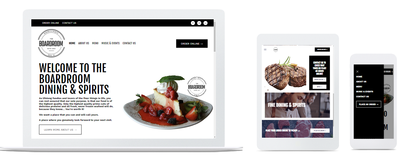Website on laptop, tablet, and phone; restaurant website with menu and photos.