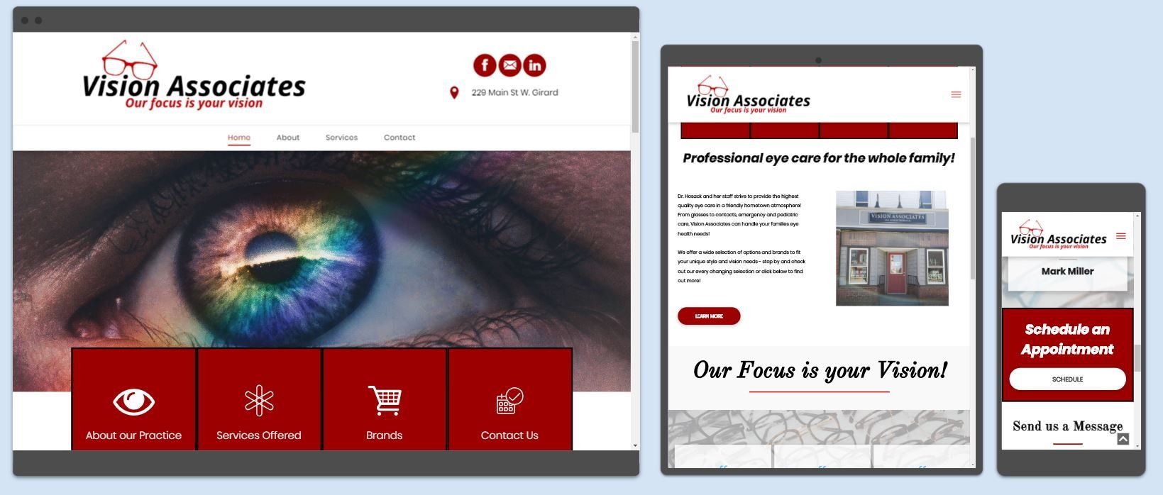 Website design for Vision Associates, shown on a desktop, tablet, and phone screen. Website features an eye graphic and appointment buttons.