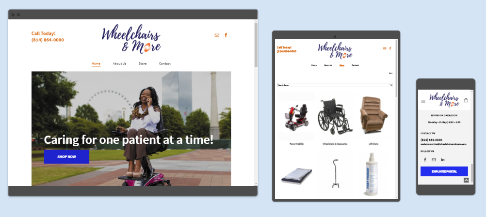 Website on multiple devices: homepage on a laptop, product page on a tablet, and a mobile view on a phone.