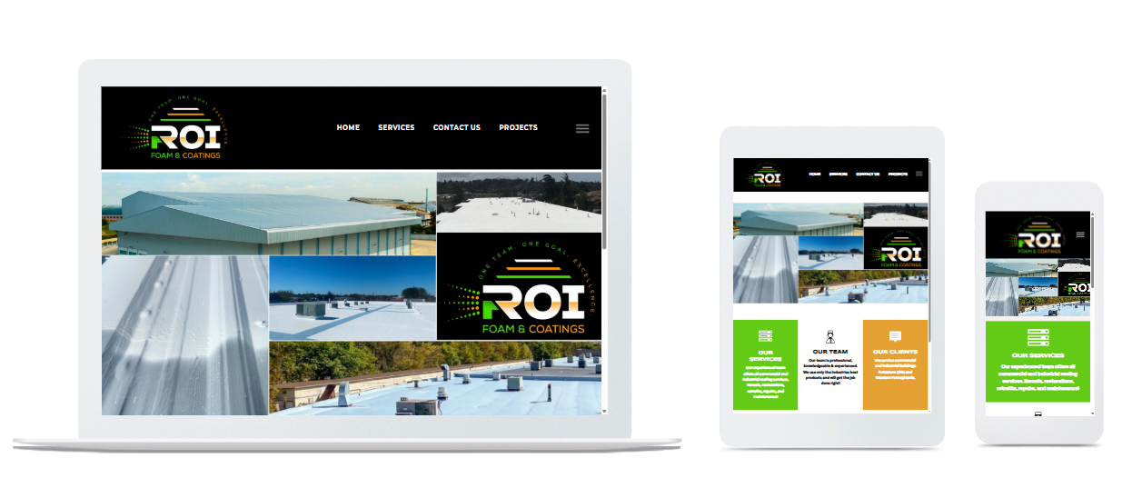 Website design displayed on laptop, tablet, and smartphone screens, showing a business logo and various images.