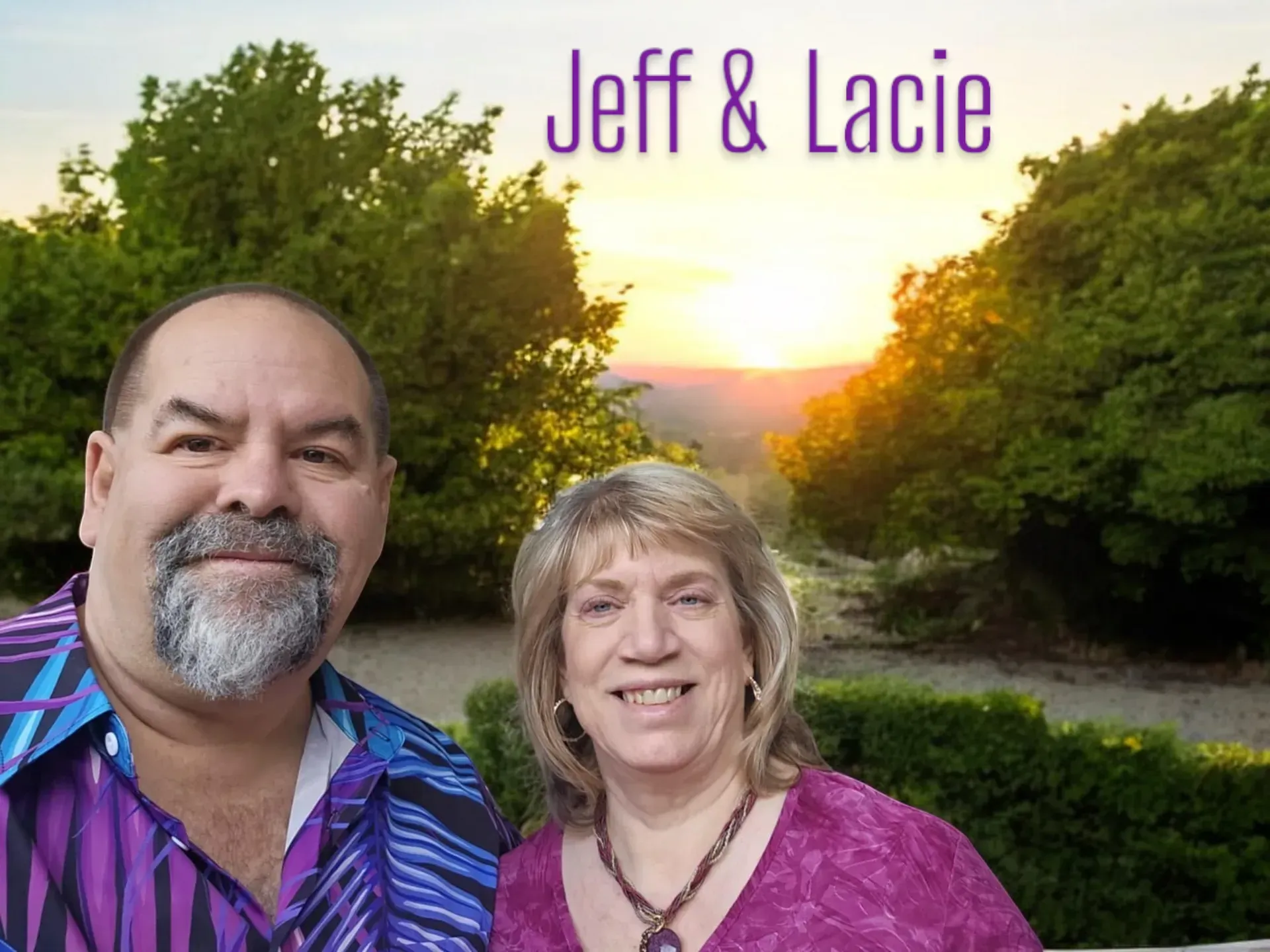 A man and a woman are posing for a picture in front of a sunset.