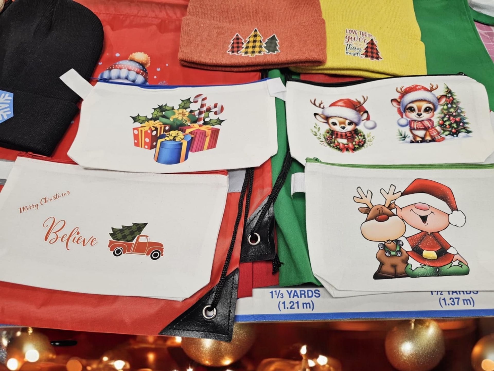 A display of christmas items with one that says believe