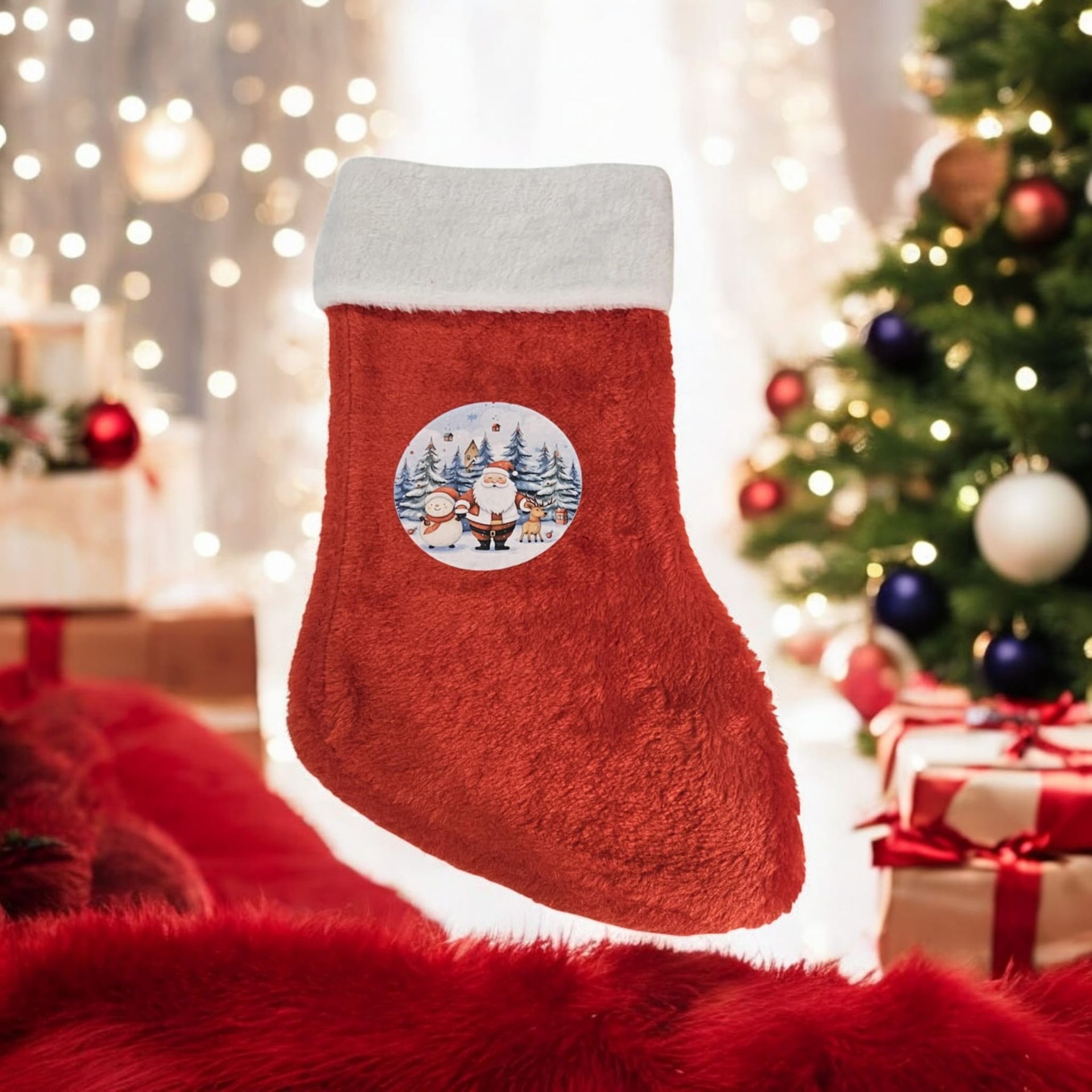 A red christmas stocking with a picture of santa on it
