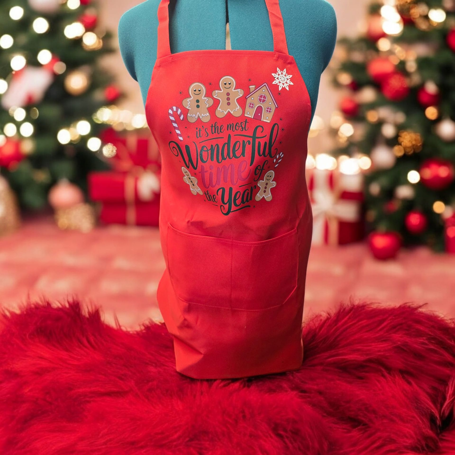A red apron that says it 's the most wonderful time of the year