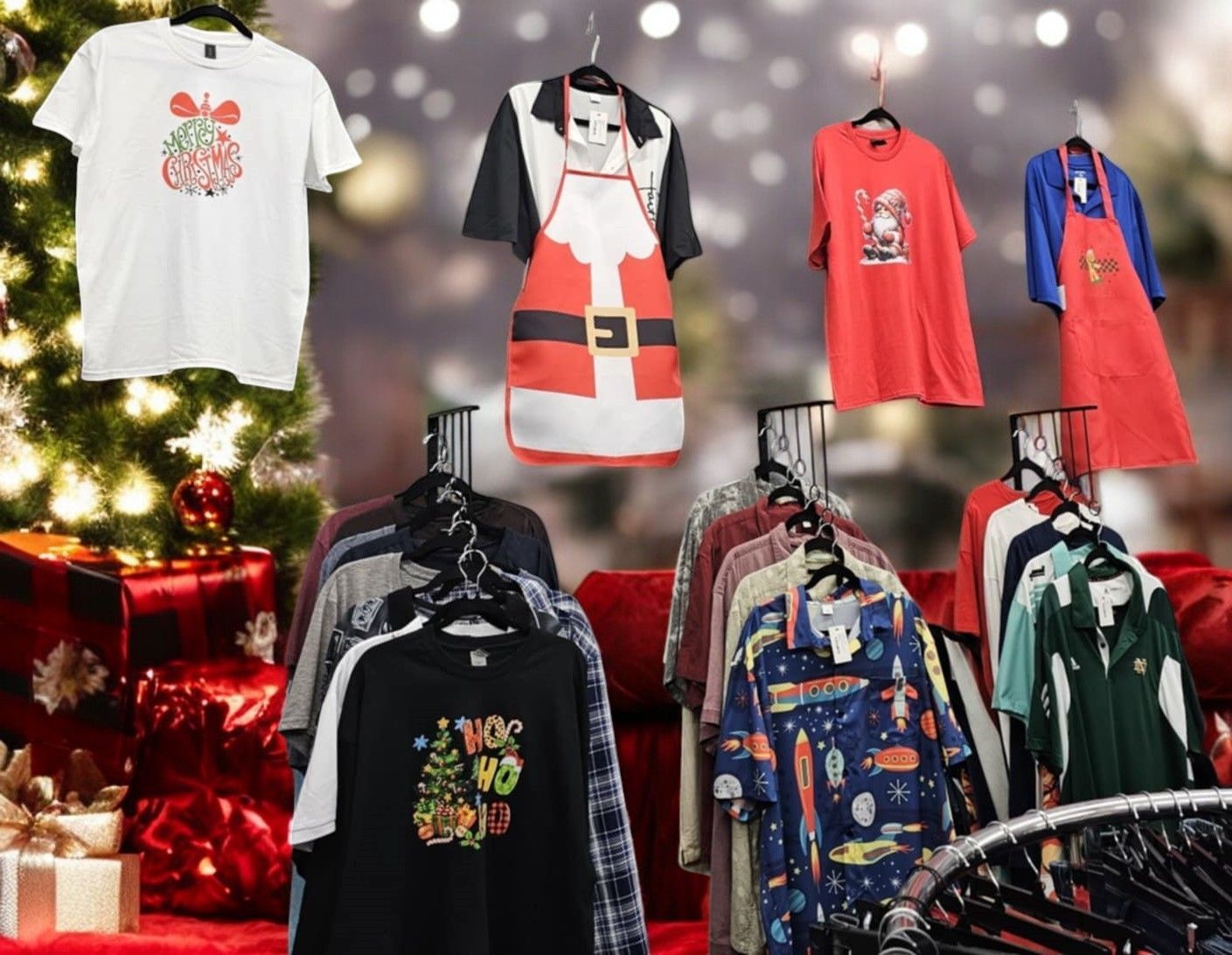 A display of christmas shirts and aprons in front of a christmas tree