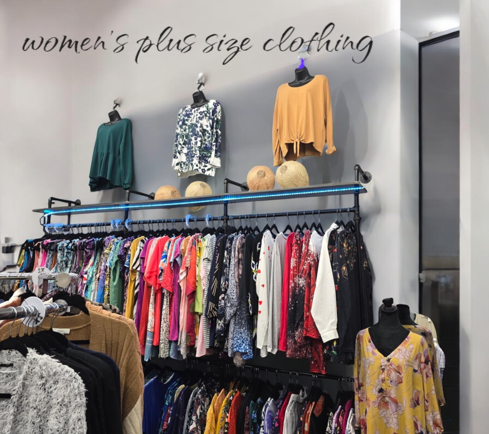 A display of women 's plus size clothing in a store