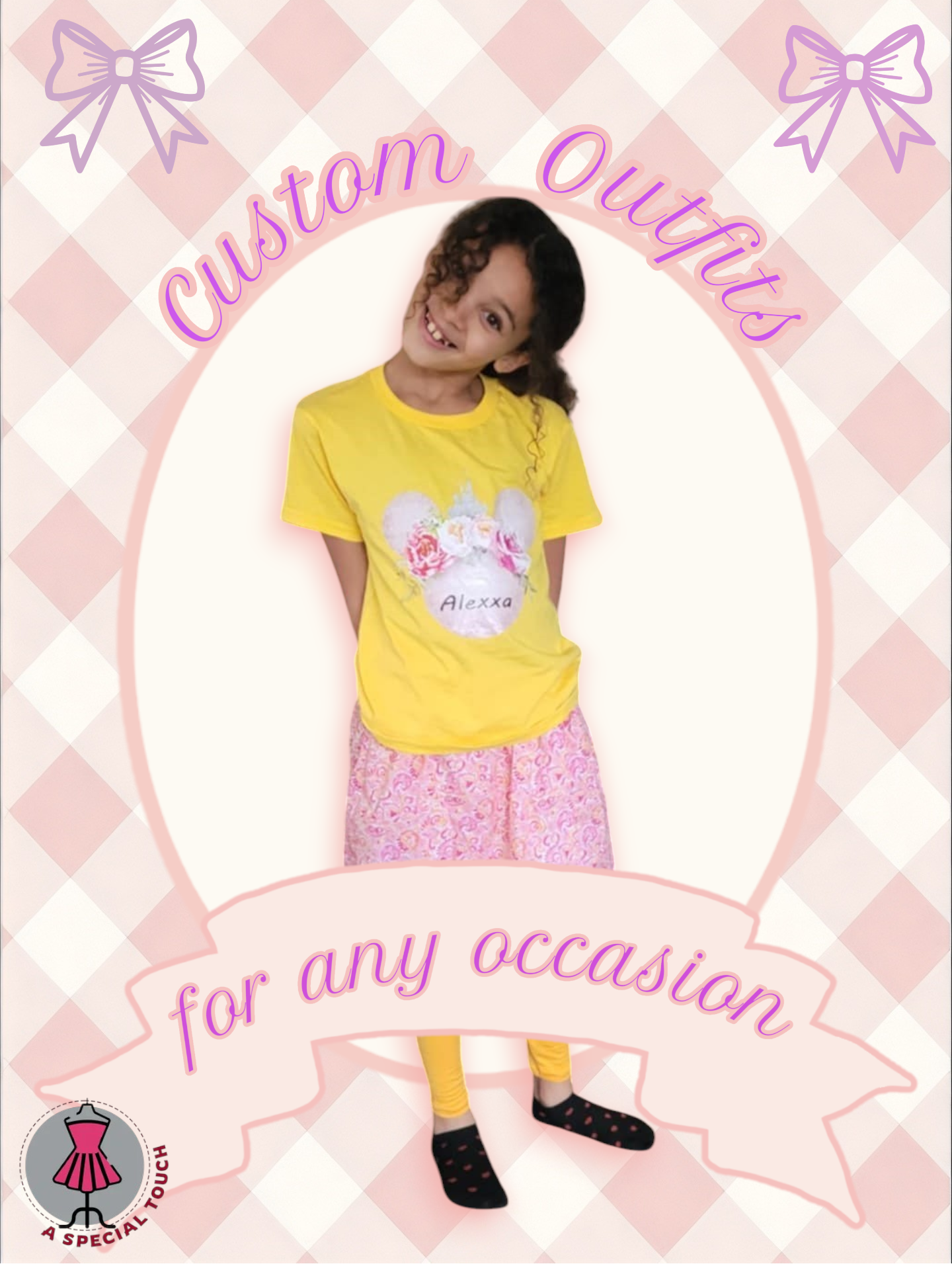 A little girl is wearing a yellow shirt and pink shorts.