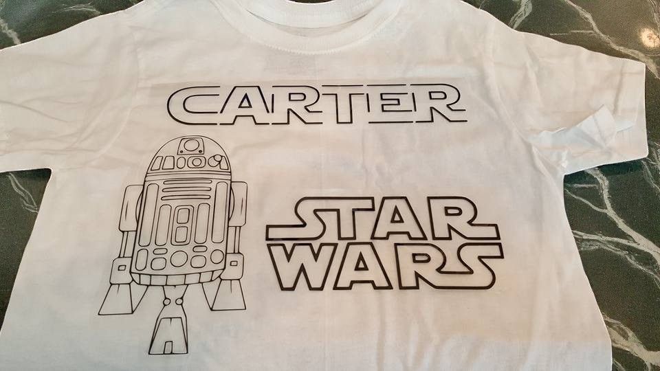 A white t-shirt with the name carter and star wars on it