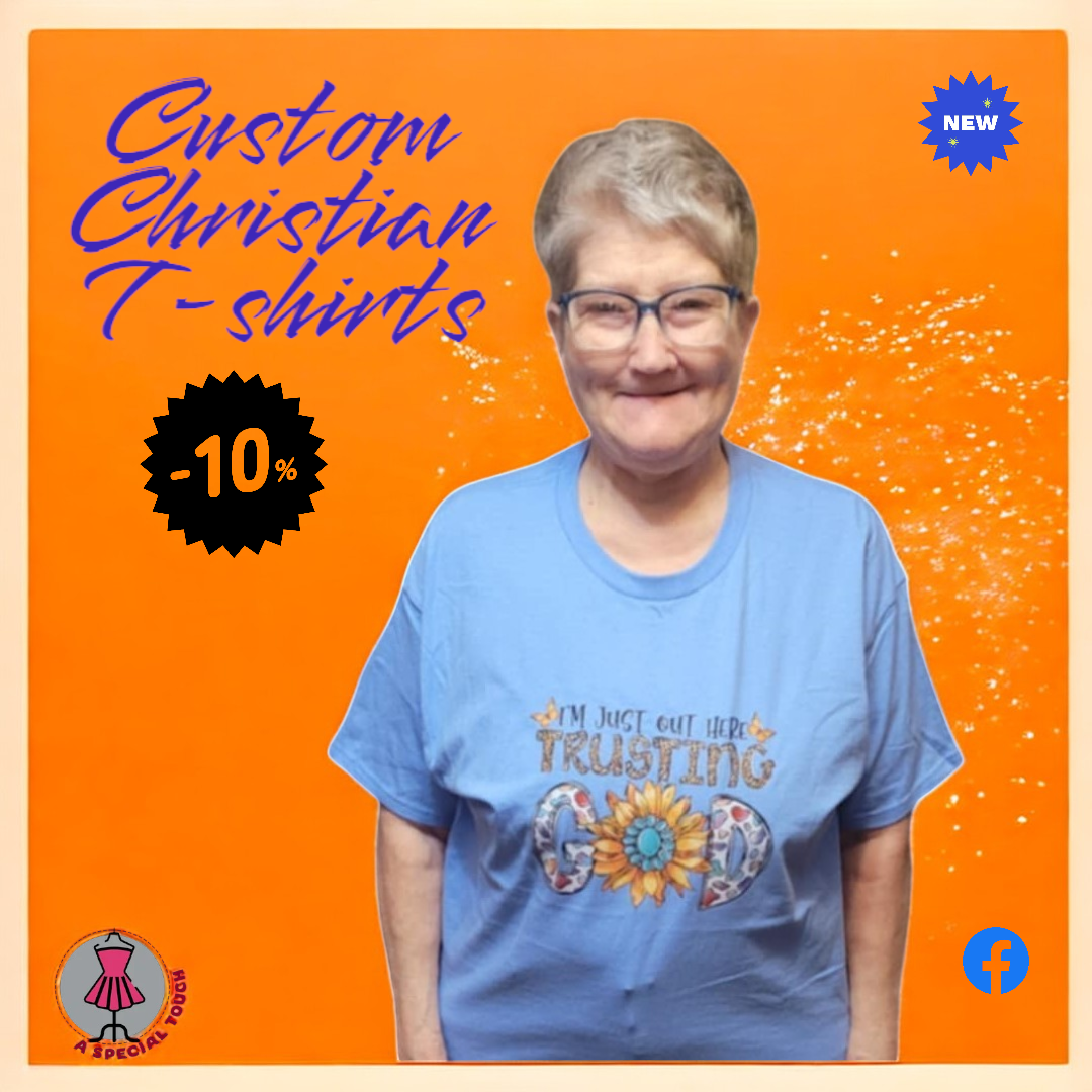 A woman wearing a blue t-shirt that says custom christian t-shirts
