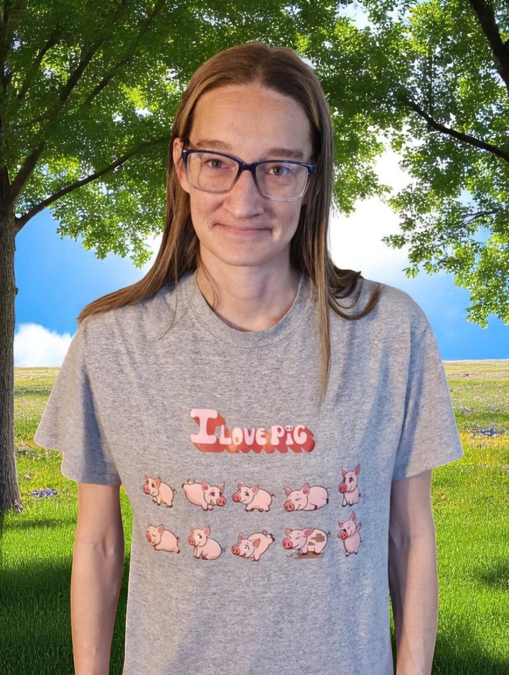 A woman wearing a t-shirt that says i love pig