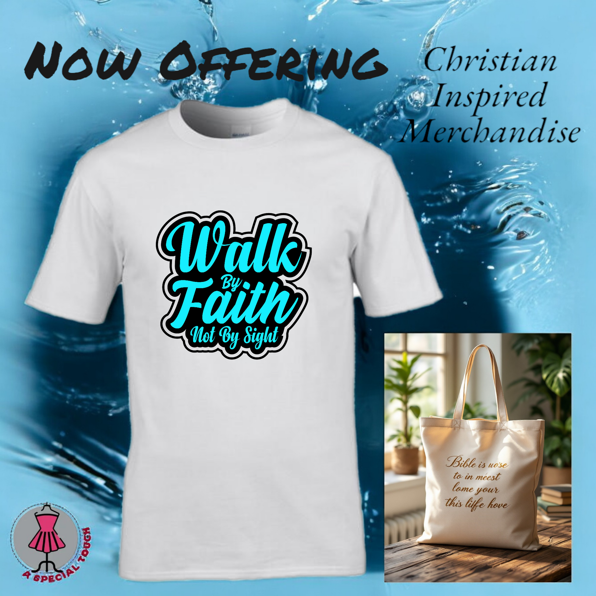 A t-shirt that says walk by faith next to a tote bag