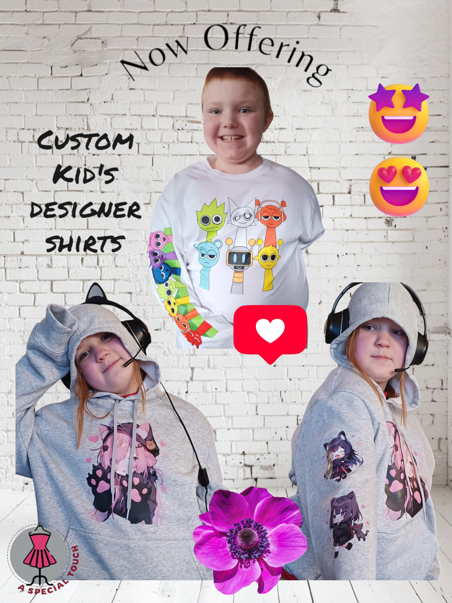 A boy and two girls wearing headphones are standing in front of a brick wall.