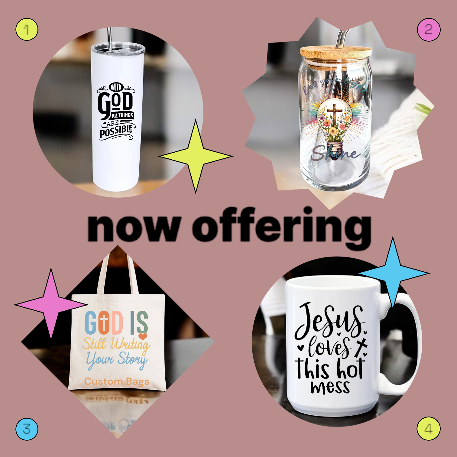 A collage of four pictures with the words `` now offering '' on the bottom.