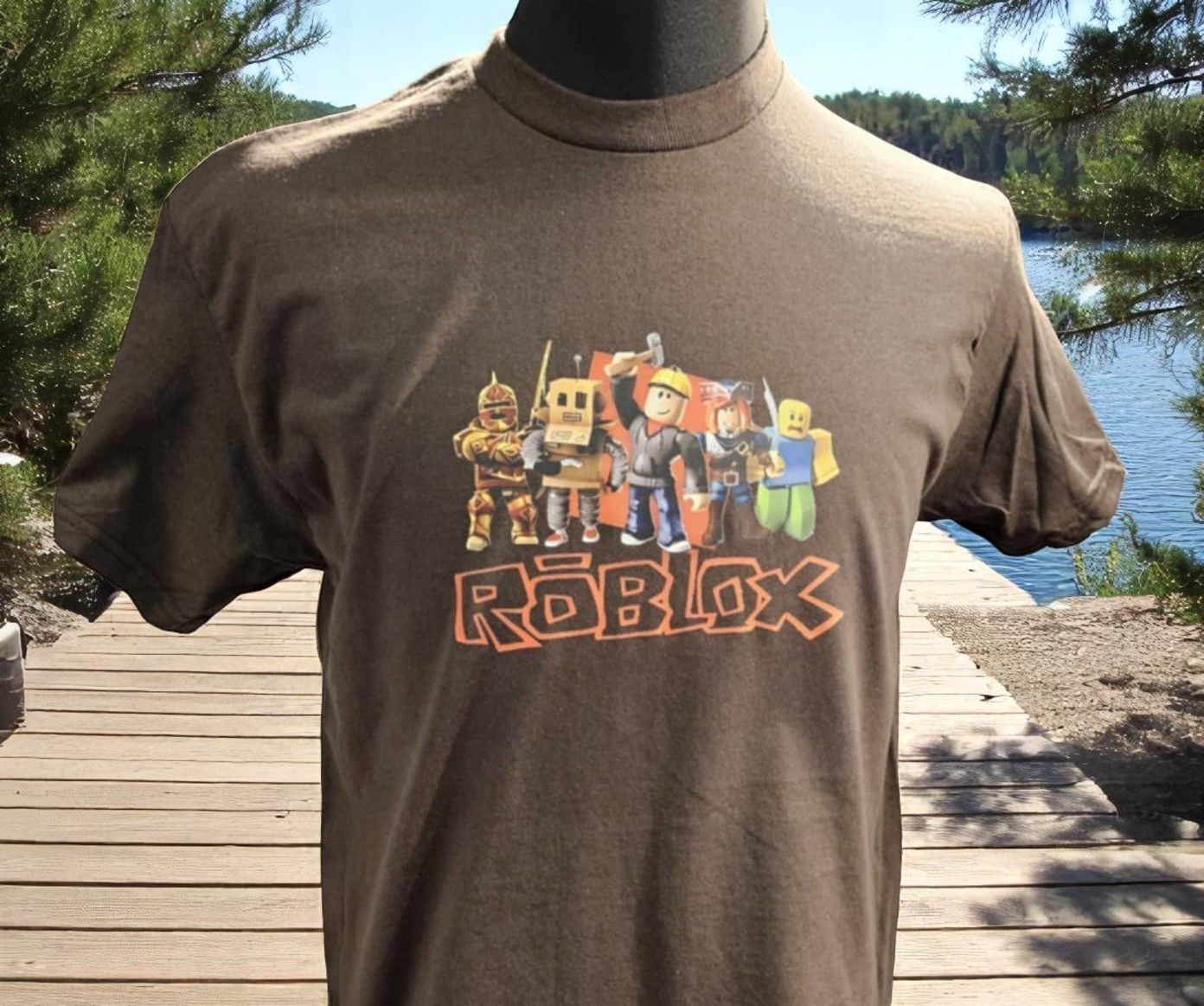 A brown roblox t-shirt is on a mannequin