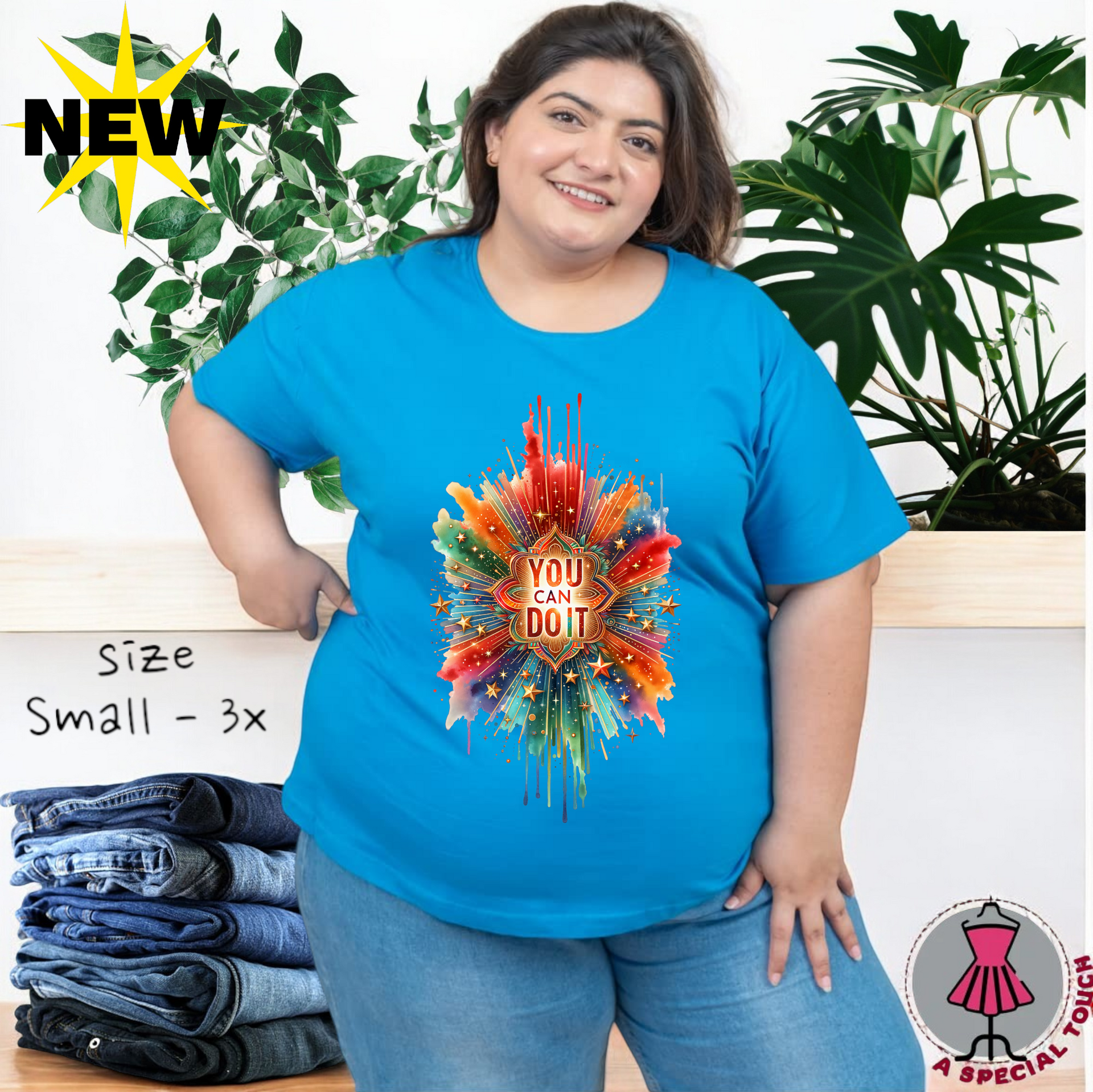 A woman is wearing a blue t-shirt that says `` you can do it ''.