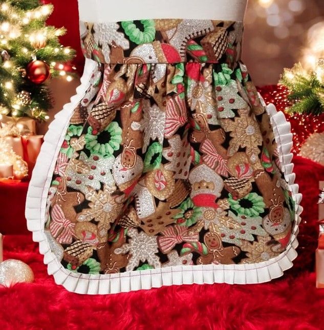 A christmas apron with gingerbread cookies on it