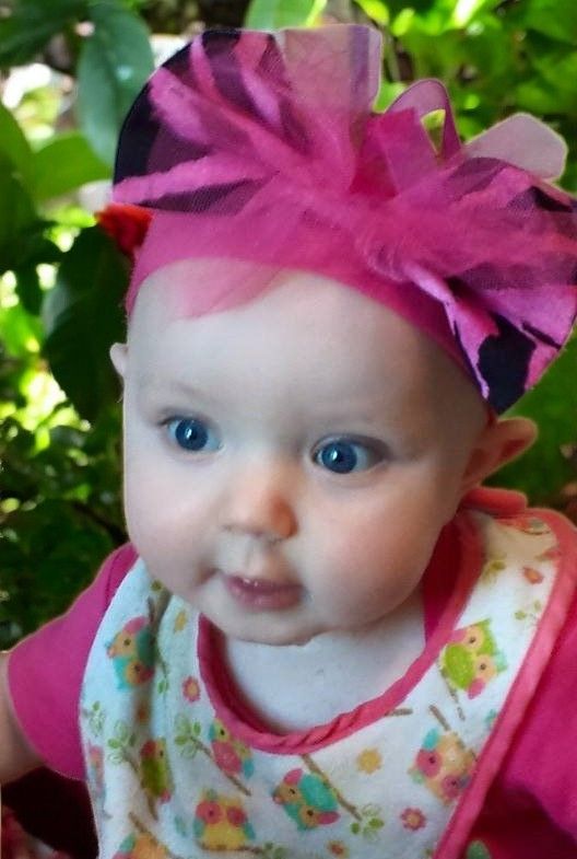 A baby wearing a bib and a pink headband