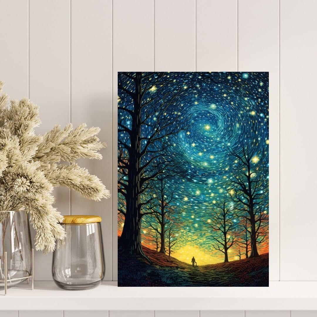 A painting of a night sky with trees and fireflies is on a shelf next to a vase of flowers.
