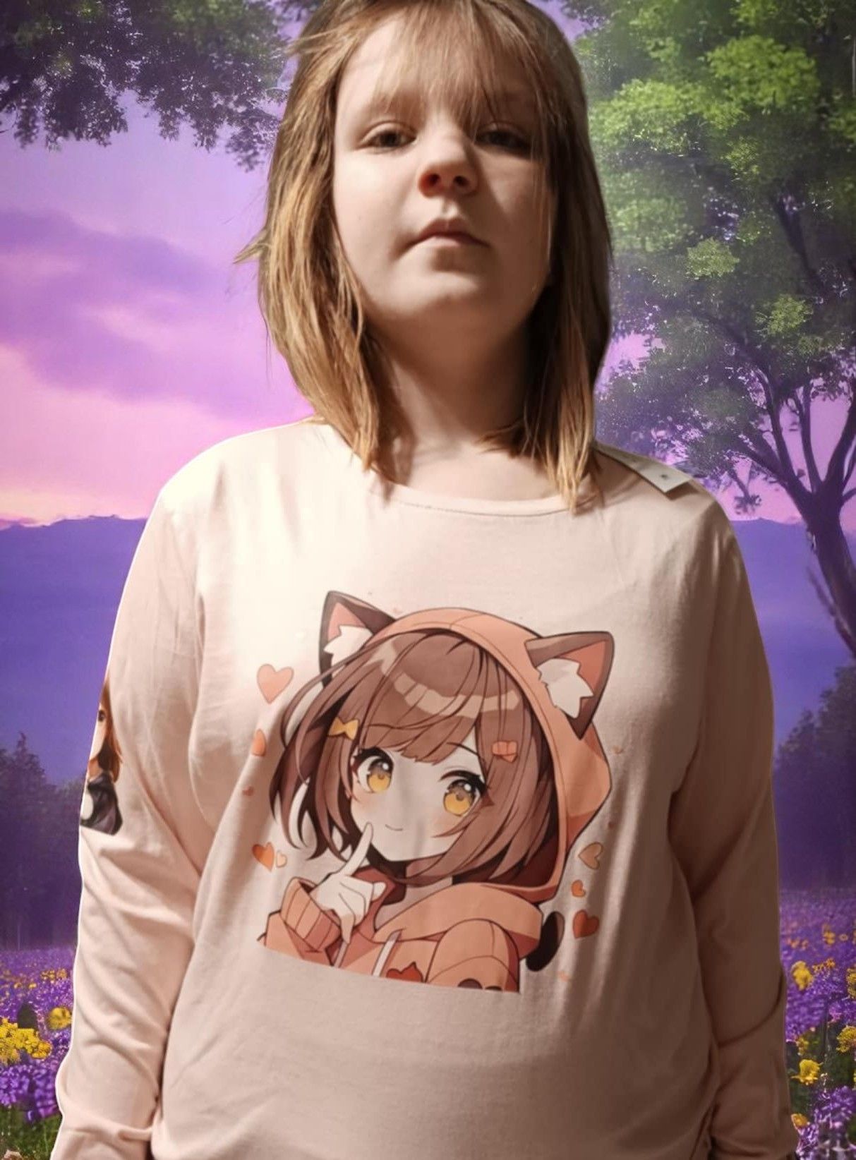 A girl is wearing a pink shirt with a cat on it.