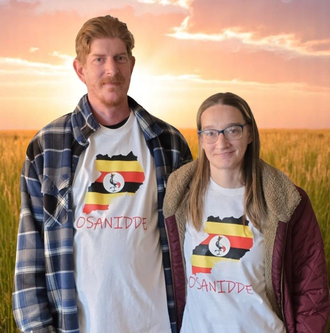 A man and a woman wearing shirts that say osandide