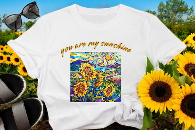 A white t-shirt with a picture of sunflowers on it