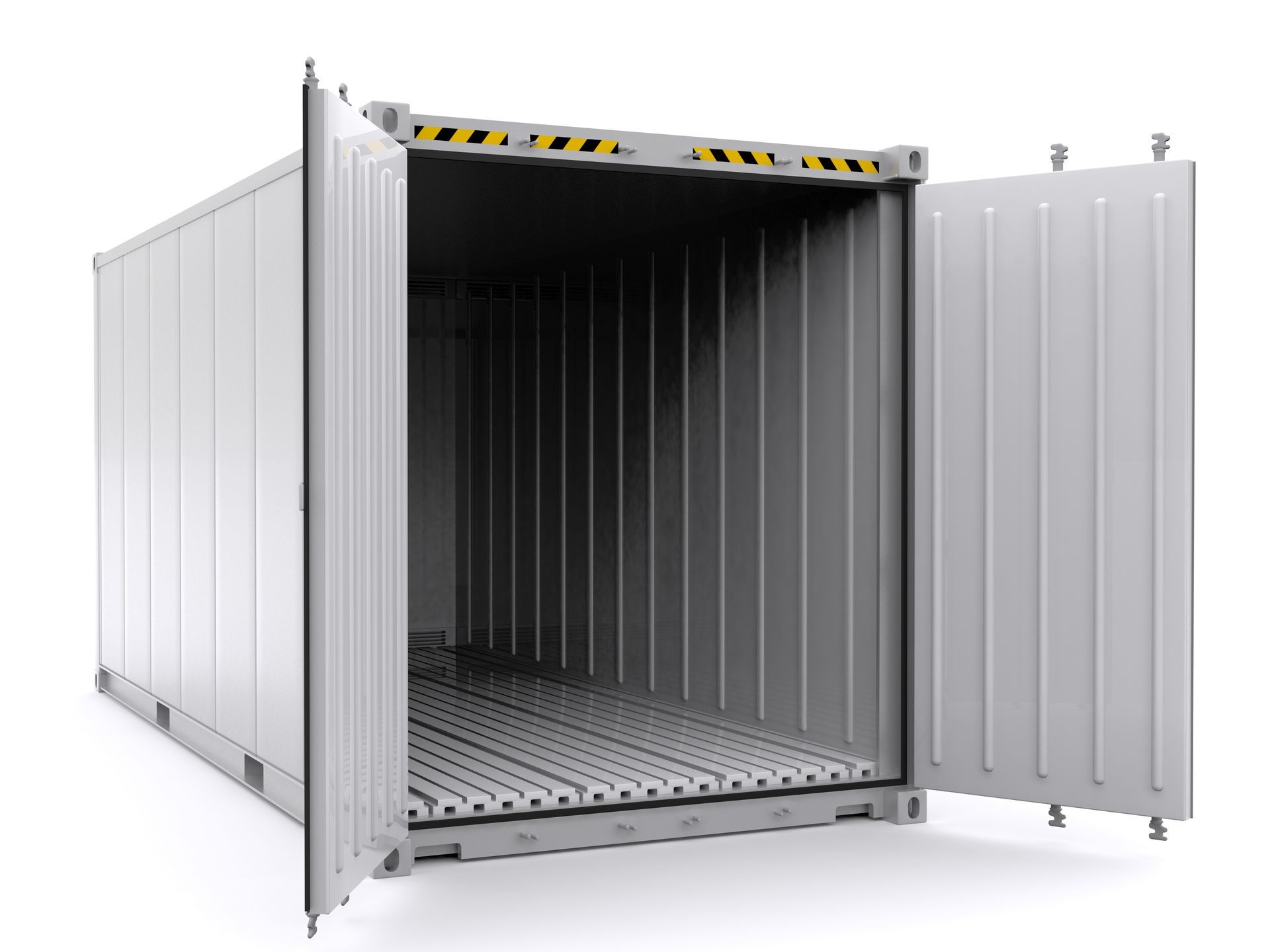 A red shipping container security seal attached to the metal locking mechanism of a cargo door.